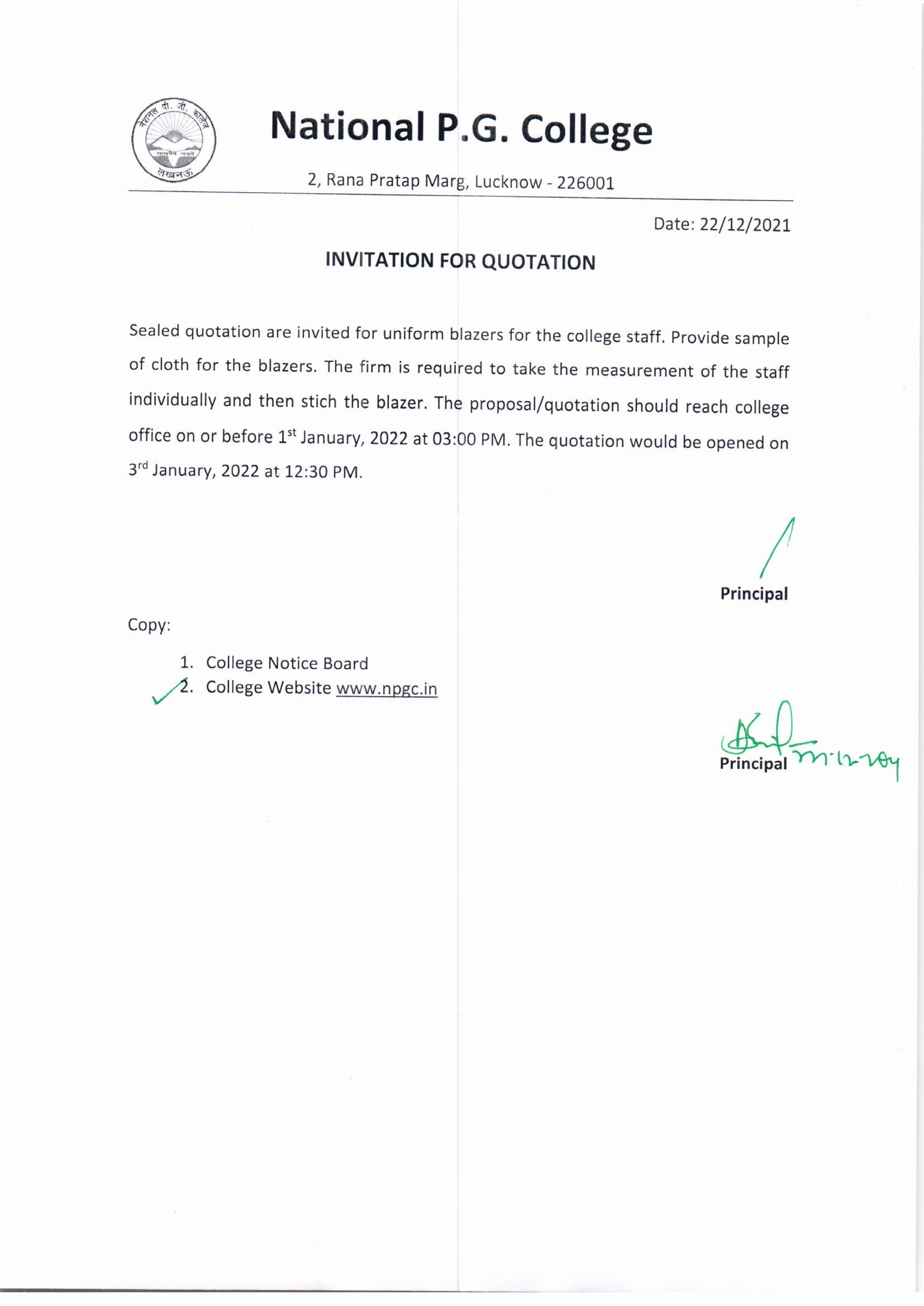 Tender Notice : Uniform Blazer for College Staff