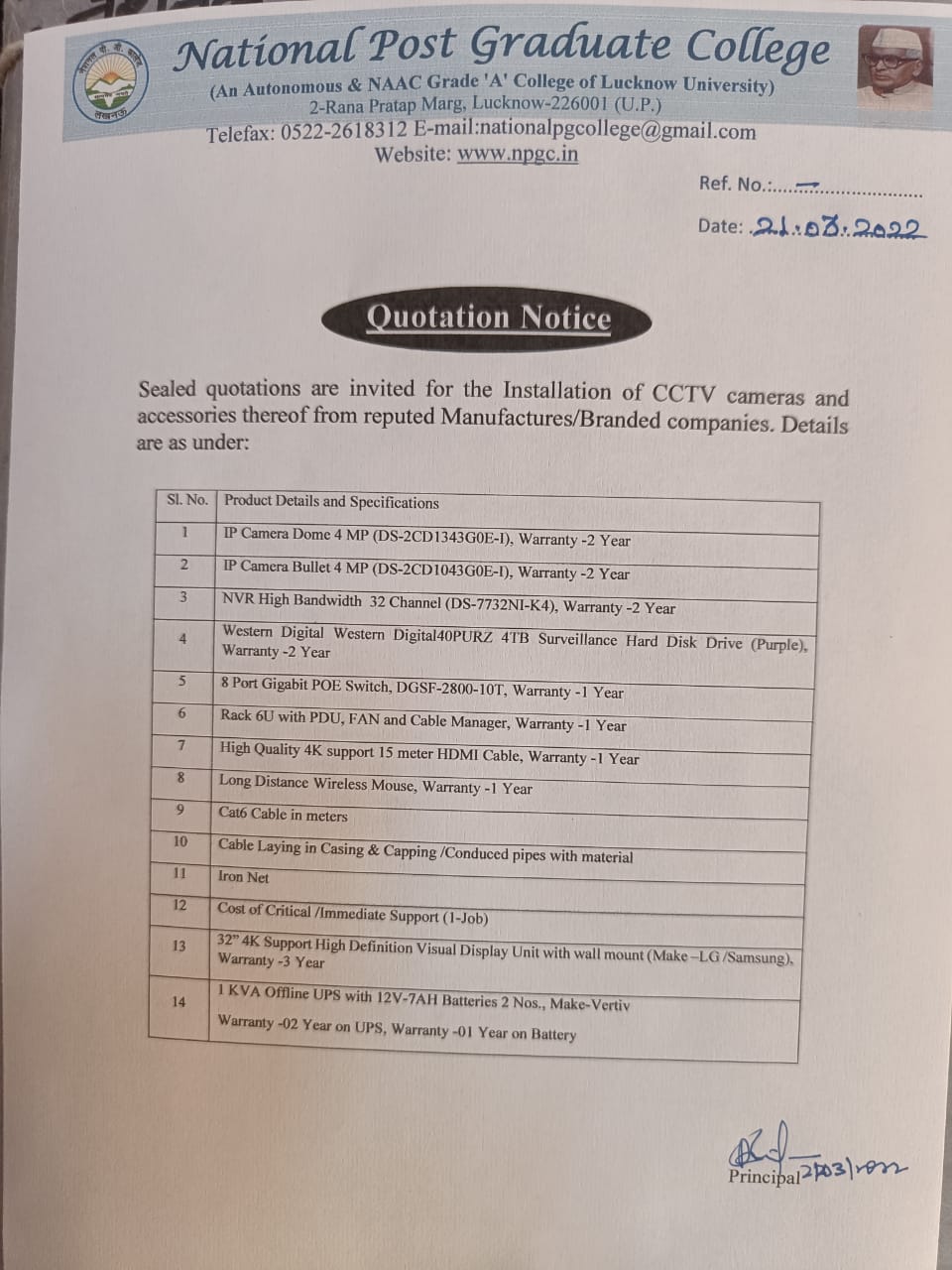 Tender for CCTV Cameras