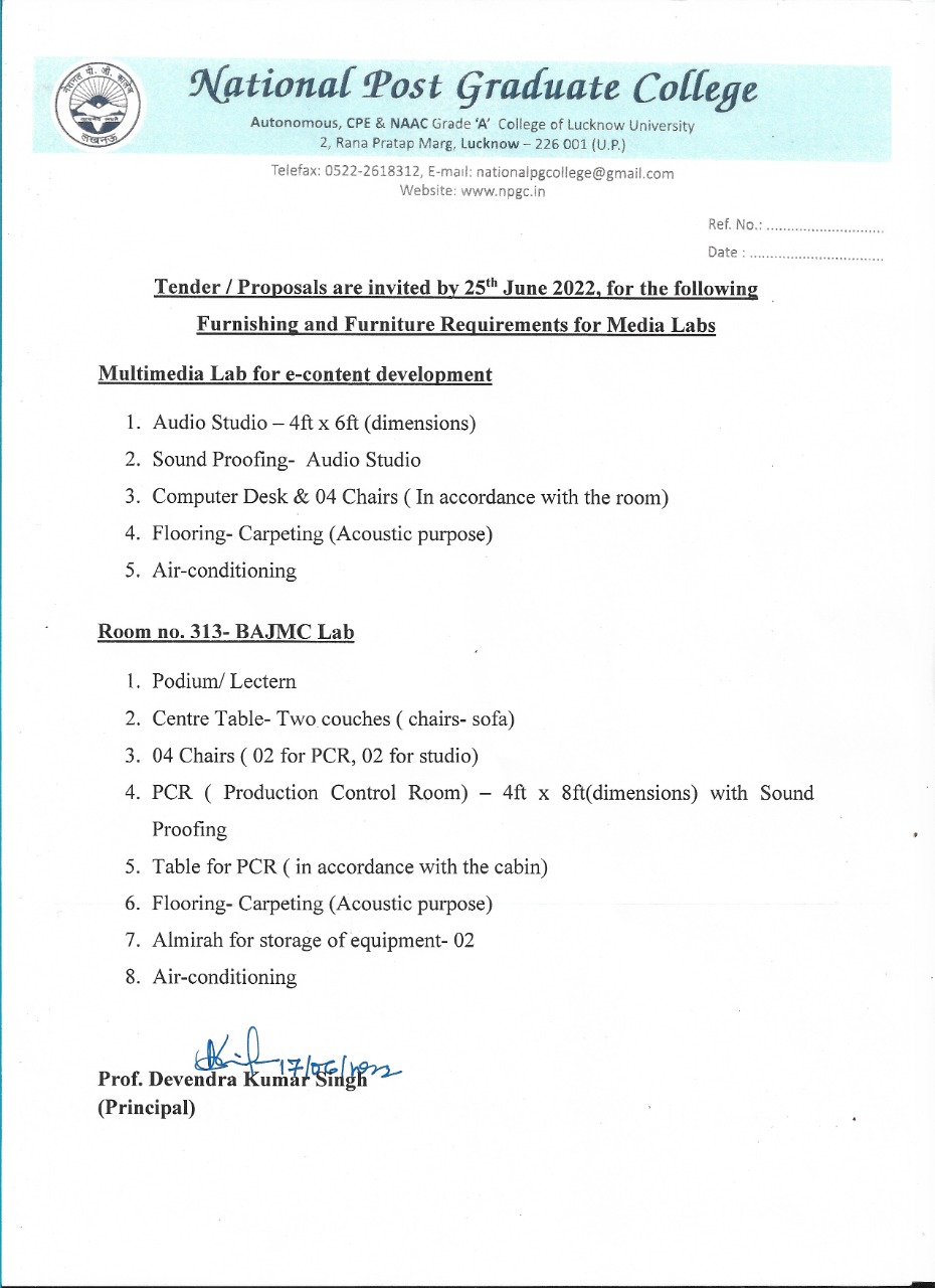 Furnishing & Furniture required for Media Lab