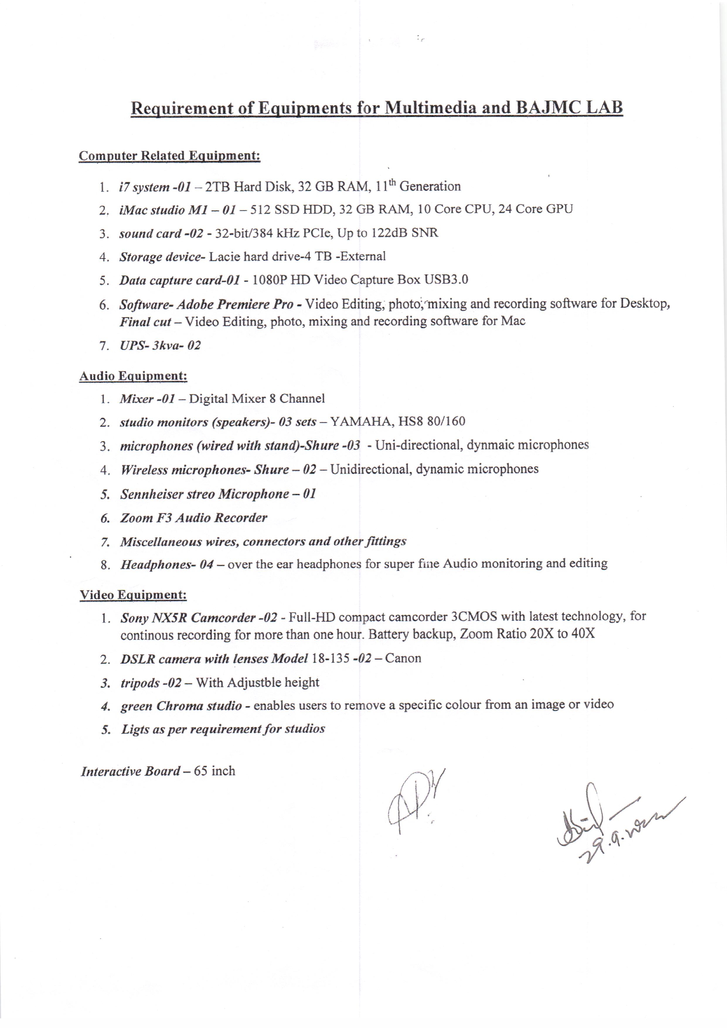 Requirement of Equipments for Multimedia and BAJMC Lab