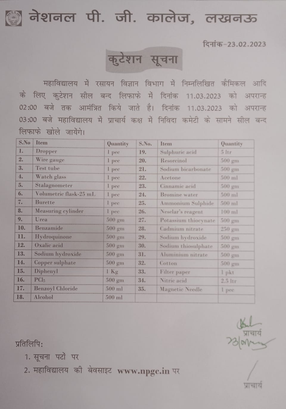 Requirement of Chemicals and Equipments in Chemistry Lab