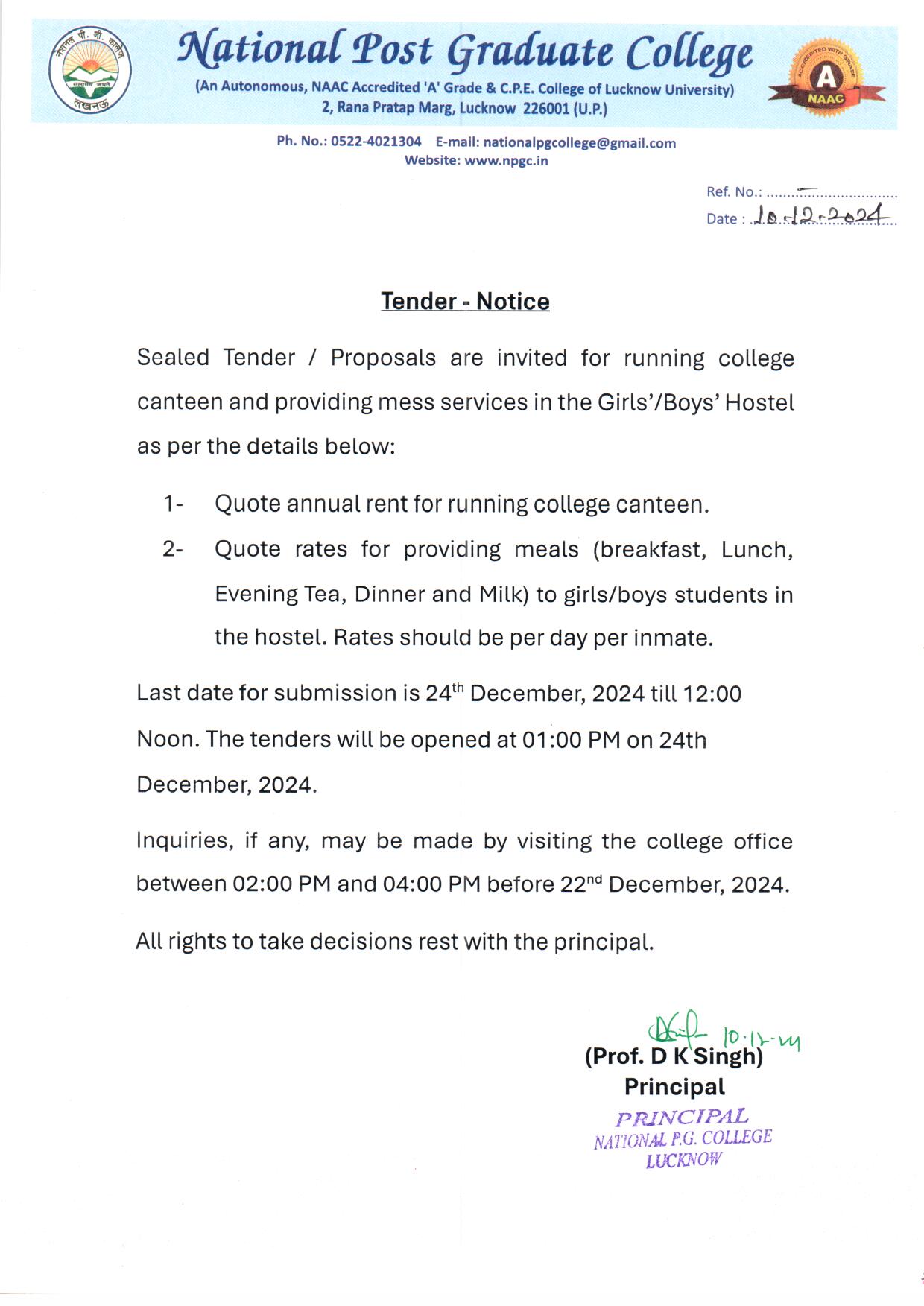 Tender of College Canteen and Hostel Mess