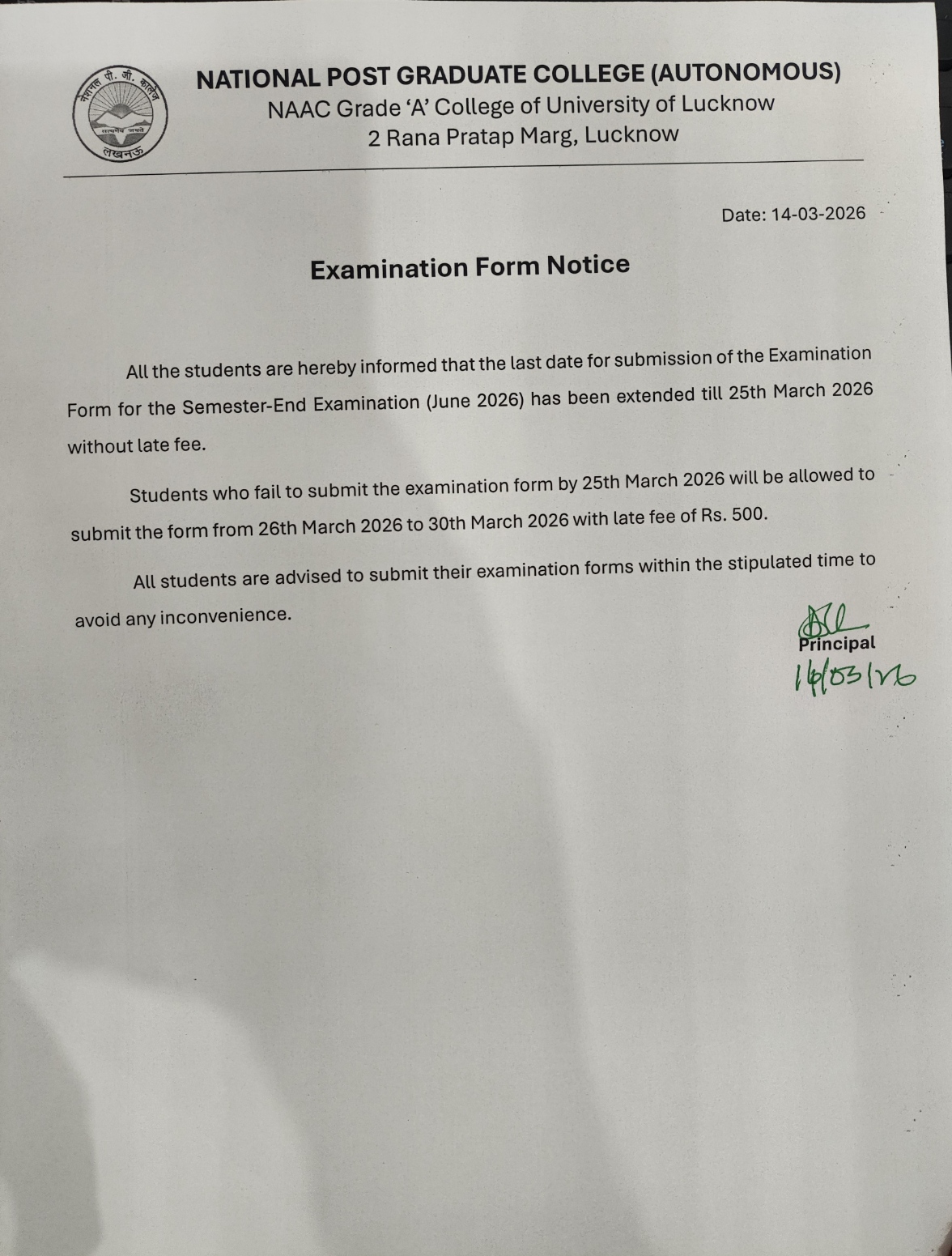 Examination Form Notice