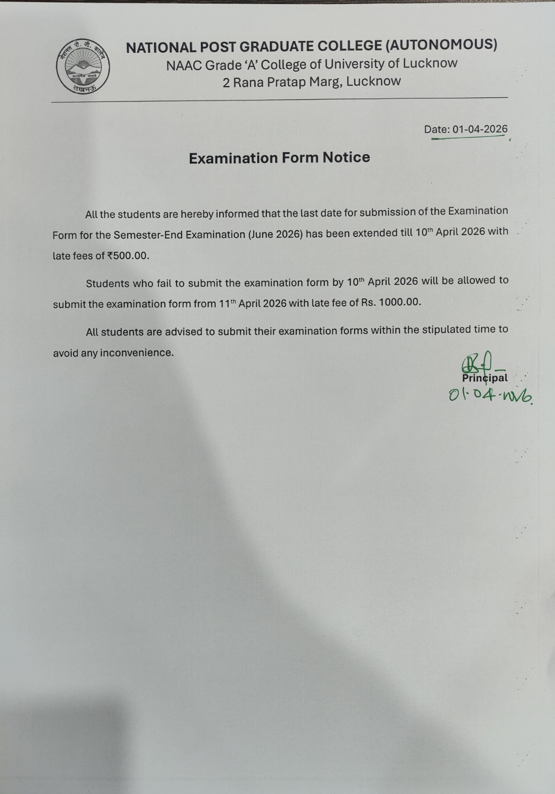 Examination Form Notice